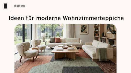 Moderner Wohnzimmerteppich in warmen Farben mit hellem Sofa und skandinavischer Einrichtung.